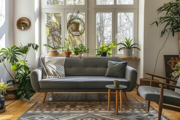 Interior of light living room with gray sofa, armchair and houseplants