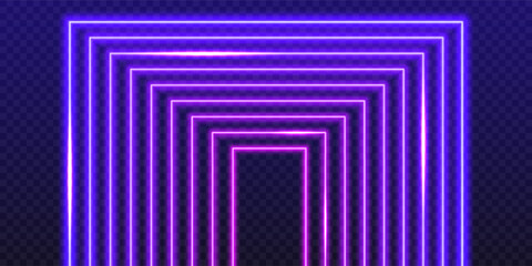 Neon perspective rectangular cyber frames with flashes. Vector futuristic blue and purple gradient led door isolated on blue background