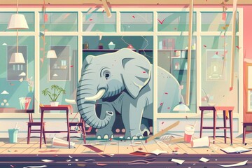 clumsy elephant wreaking havoc in delicate china shop humorous vector illustration - obrazy, fototapety, plakaty