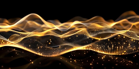Golden abstract 3D particles shaped in a curving motion isolated against a black backdrop