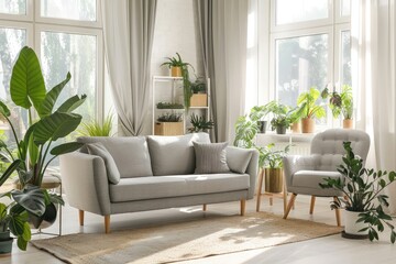 Interior of light living room with gray sofa, armchair and houseplants