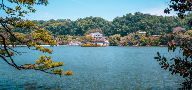 Panorama daylight view of Kandy Lake in central Kandy, Sri Lanka
