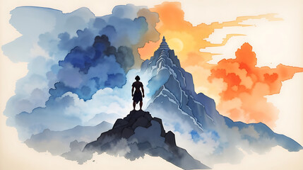 A Watercolor illustration of lord rama , hindu god silhouette with a bow and arrow, Abstract Divine style, mountain