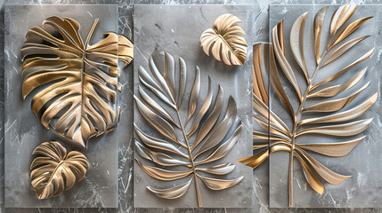  3d wall art design, three panel composition of palm leaves in silver and gold, on dark marble background, golden elements