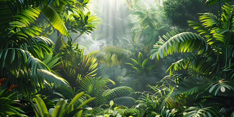 Lush tropical jungle backdrop for eco-friendly product presentations, emphasizing green and natural environments 