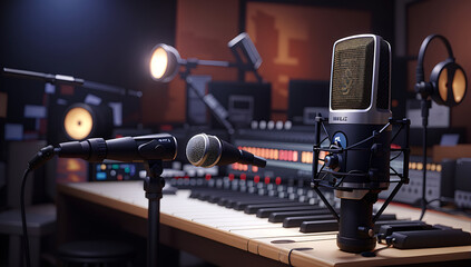 Cute Professional condenser studio microphone in a blurred background with audio mixer, Musical instrument, drum set, guitar, Concept, hype realistic, studio microphone, keyboard