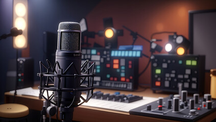 Cute Professional condenser studio microphone in a blurred background with audio mixer, Musical instrument, drum set, guitar, Concept, hype realistic, studio microphone, MIC - obrazy, fototapety, plakaty