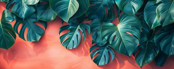 Philodendron leaves on a coral background. - obrazy, fototapety, plakaty