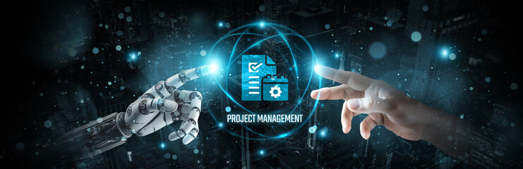 Project Management, Hands of robot and human touch on collaborative project network, Brain data...