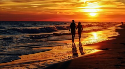 A couple takes a romantic walk along the beach, enjoying the sunset and each other's company.