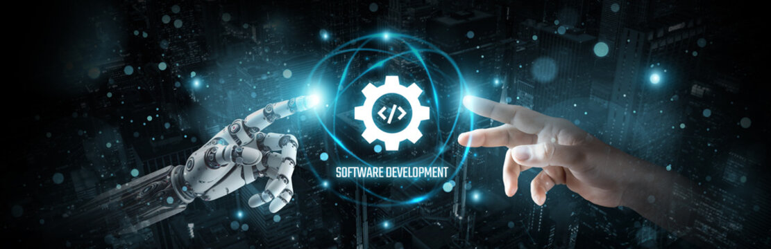 Software Development, Hands of robot and human touch on collaborative coding network, Brain data processing in cloud environments, Streamlined, automated technology, innovation for software creation