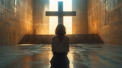 A woman sits in a room with a cross in the background while praying to God