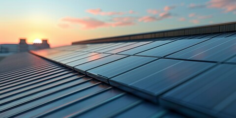 Solar panels and evening sunset on industrial factory roof.
