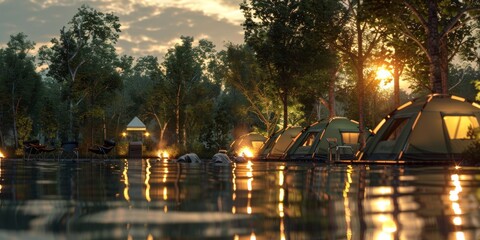 Picture of camping and the reflection of the sunset on the water. Quiet evening scene Surrounded by trees and far from the busy city.
