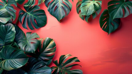 Philodendron leaves on a coral-colored background. - obrazy, fototapety, plakaty