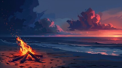 Beach bonfire clipart glowing in the twilight.