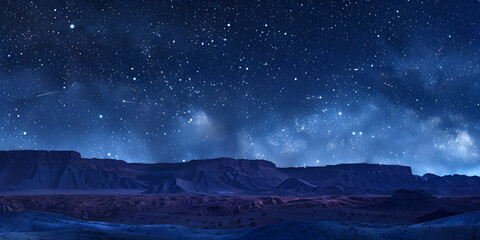 Starry night sky over a desert landscape, mystical and expansive, ideal for promoting camping gear or astronomical tools