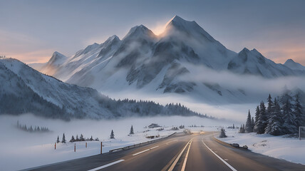 A Glowing Road going to a flag on a Snow mountain top, Business goals achievement concept, Mountain surrounded with fog, smoke