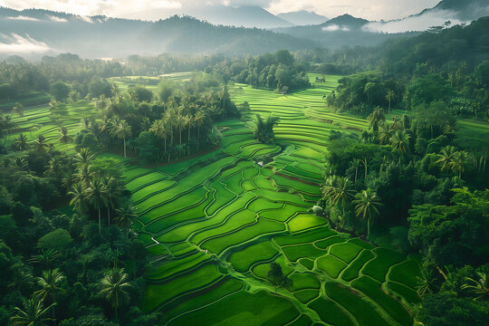 An aerial view of beautiful green and lush rice fields. amongst the fields are all sorts of trees. In the backround, huge mountains rise up