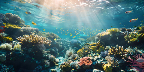 Underwater coral reef setting to highlight eco-friendly initiatives or products related to marine life conservation