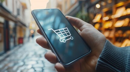A close-up of a hand holding a mobile phone with a shopping cart icon on the screen, symbolizing online shopping convenience at your fingertips. - obrazy, fototapety, plakaty