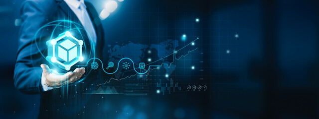 Businessman hand-holding blockchain technology icons with a seamless network connection. Witness...