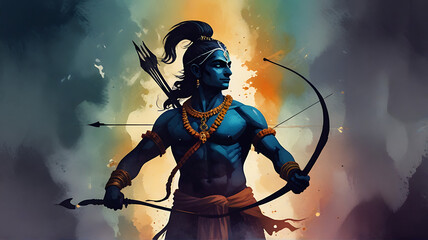 Fototapeta premium A Watercolor illustration of lord rama , hindu god silhouette with a bow and arrow, Abstract Divine style, bow