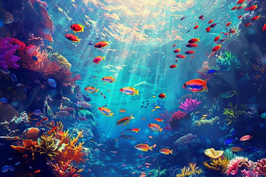 colorful fish swimming among vibrant coral reef underwater paradise digital painting