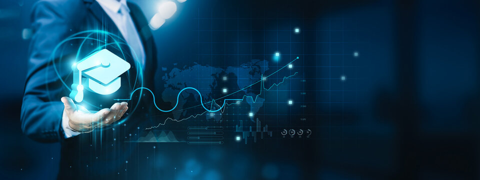 Businessman hand-holding educational technology (edtech) icons with a seamless network connection. Growth of the educational sector and fostering innovative solutions for students and businesses.