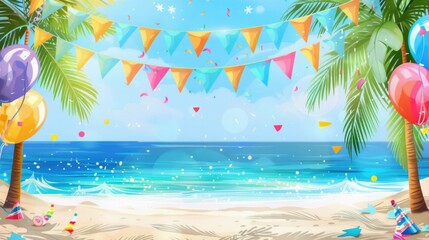 Beach party banner clipart with festive decorations.