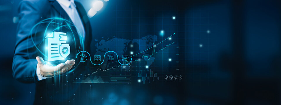 Businessman hand-holding security compliance icons with a secure network connection. Ensuring the growth of the organization's security and compliance for a robust and resilient business environment.