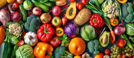 Food background featuring a variety of colorful fresh organic fruits and vegetables in a panoramic view.