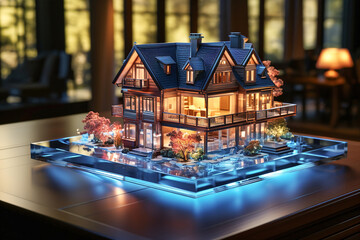 A lighted model of a house on a table in architect office.