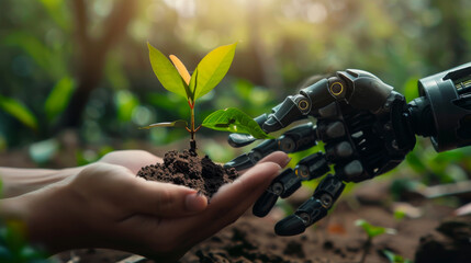 Close-up of a human and robot hand holding a growing plant. Concept of technology, ecology.