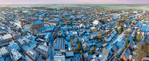 Aerial panorama from the traditional village Koudum in Friesland the Netherlands - obrazy, fototapety, plakaty