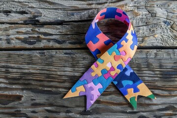 colorful puzzle pieces forming autism awareness ribbon wooden background