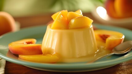 silky vanilla custard pudding topped with slices of juicy peaches