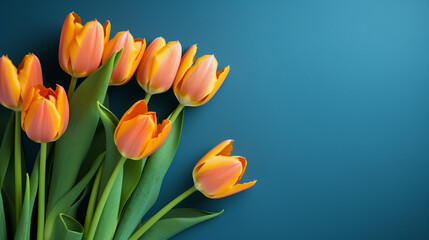 orange tulips on a blue background, natural lighting сreated with Generative Ai