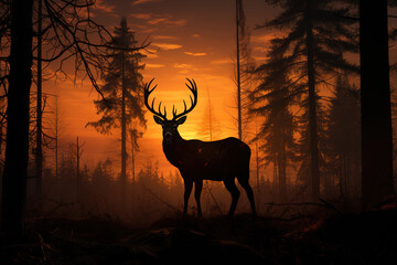 A deer standing in the middle of a forest at sunset. Deer silhouette.