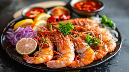 A vibrant seafood platter featuring freshly cooked shrimp soaked in tangy fish sauce, tantalizing the taste buds with its aromatic richness.