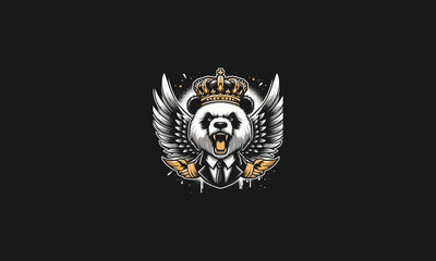 panda roar wearing suite and crown with wings vector design