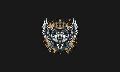 wolf roar wearing crown and suite with wings vector artwork design