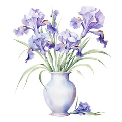 a iris flower vase, decorated in minimal style, watercolor, pastel, clipart, white background