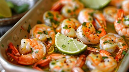 Shrimp marinating in fish sauce, lime juice, and garlic, absorbing the bold flavors of Southeast Asian cuisine,