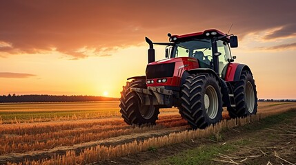 Tractor in a wide agricultural field at sunset