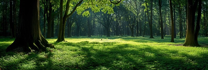 Beautiful emerald green forest bathed in sunlight, tall trees casting shadows on vibrant grass, peaceful nature retreat. Copy space. - obrazy, fototapety, plakaty