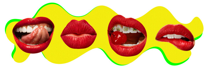 Contemporary art collage. Four colorful mouths. One bites with cherry, others show teeth and...