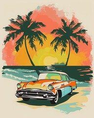 A retro car on the background of an evening beach among palm trees. Retro poster with a vintage car on the background of a tropical beach. The concept of a summer beach holiday. for postcard, banner.