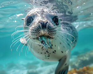 A close-up of a charming seal pup underwater, with its whiskers fanned out and big eyes capturing the curiosity of the moment