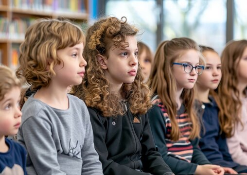Elementary school students sit and listen to a story from their teacher.  Concept of school activities. Back to school. Primary education of children.